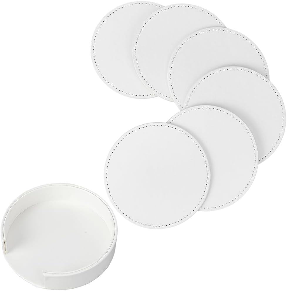 Set de dessous de verre avec support – en verre, antidérapant, en cuir PU, 10cm, blanc