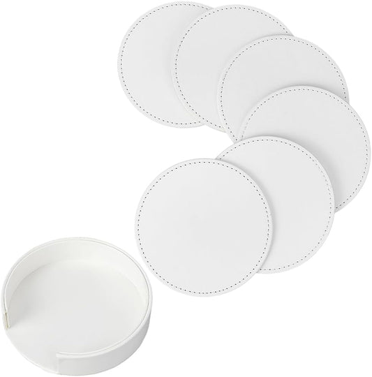 Set de dessous de verre avec support – en verre, antidérapant, en cuir PU, 10cm, blanc